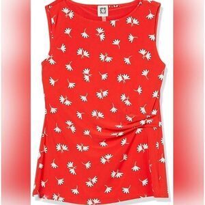 ☔️🔹️Anne Klein Red w/White Print Ruched Side Sleeveless Top Medium